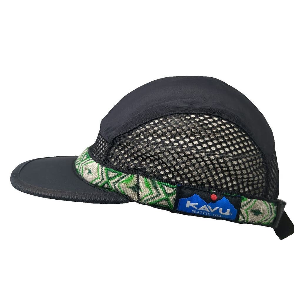 KAVU 5 Panel Cap Black M Mesh Patterned Trim Seattle USA Slideback Outdoor Hat